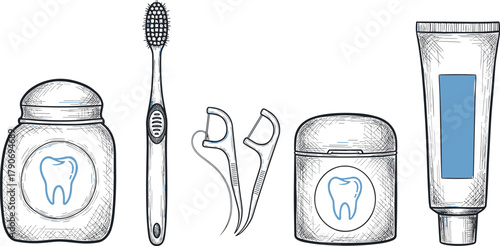 Dental hygiene tools, toothbrush, toothpaste tube, mouthwash container, floss picks, dental floss box, oral care products, sketch style, vector illustration, healthcare concept
