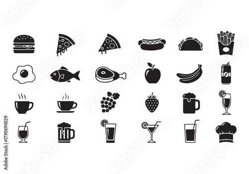 Food and drinks set icons for menu, infographics, design elements – stock vector