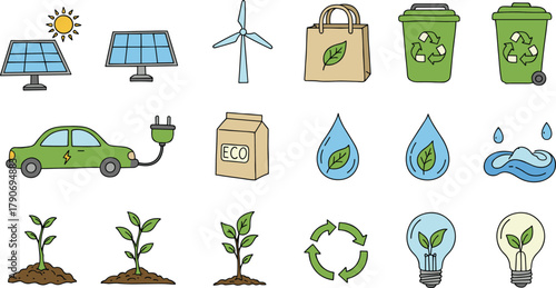 Eco sustainability icons, renewable energy, recycling, electric car, solar panels, wind turbine, water conservation, eco-friendly lifestyle vector illustration