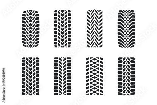 Collection of diverse tire tread patterns isolated on white background.
