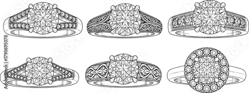 Engagement rings, diamond jewelry, wedding bands, ornate designs, filigree patterns, halo setting, luxury accessories, black and white sketch, vector illustration, cad drawing flat vector illustration
