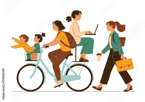 Modern multitasking mother lifestyle illustration combining work family and transportation methods