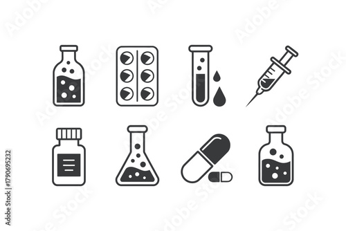 Collection of various medical and scientific laboratory icons including pills and vials.