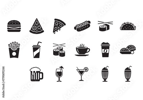 Food and drinks set icons for menu, infographics, design elements – stock vector