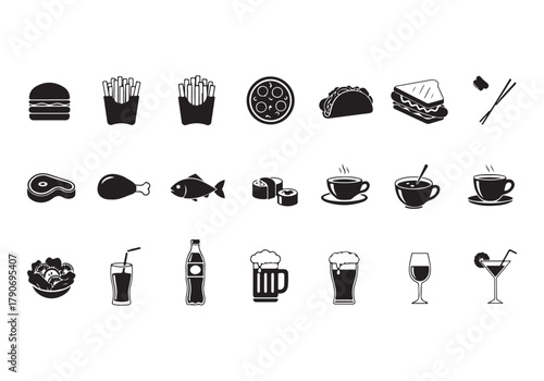 Food and drinks set icons for menu, infographics, design elements – stock vector