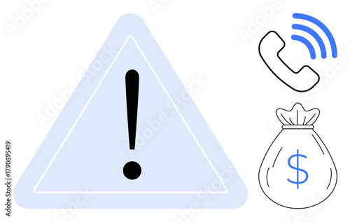 Exclamation mark in a triangle symbolizes caution, phone call icon with signals, and a money bag signifies potential financial risk or scam. Ideal for fraud prevention, caution alerts, financial
