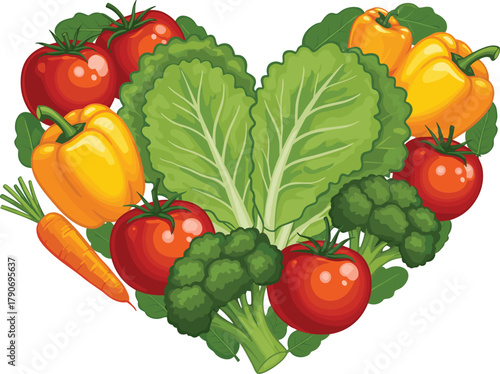 Heart shaped vegetable arrangement vector illustration, healthy eating concept, nutrition design, colorful food art, wellness lifestyle symbol, organic diet graphic