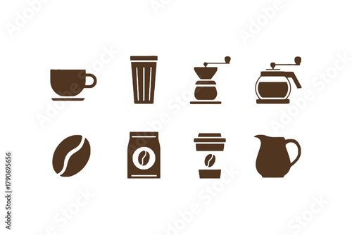 A collection of coffee-related icons including a cup, grinder, and coffee bean.
