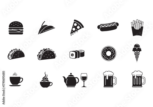 Food and drinks set icons for menu, infographics, design elements – stock vector