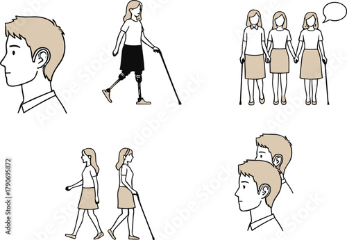 Inclusive diversity illustration, disabled people walking with cane, prosthetic legs, social interaction, cartoon vector art, accessibility, community support, communication