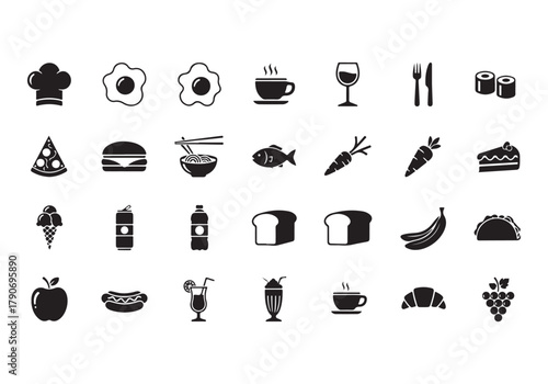 Food and drinks set icons for menu, infographics, design elements – stock vector
