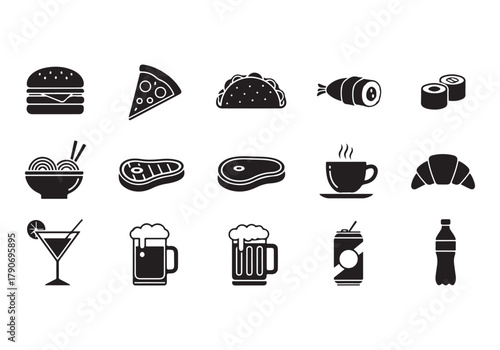 Food and drinks set icons for menu, infographics, design elements – stock vector