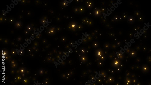 Realistic Gold confetti falling animation in 4K, Vibrant golden party streamers and paper flakes blast for Award ceremony, New Year, and festive celebration videos. Transparent alpha channel included.