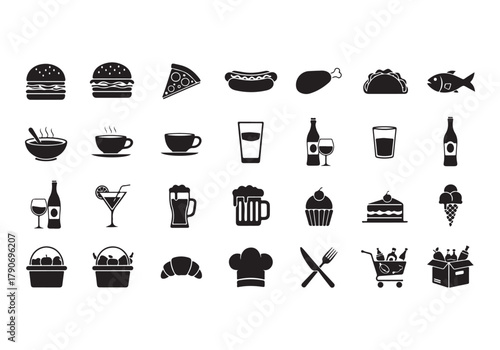 Food and drinks set icons for menu, infographics, design elements – stock vector