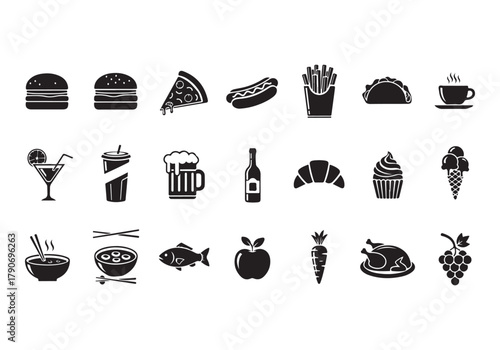 Food and drinks set icons for menu, infographics, design elements – stock vector