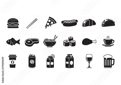Food and drinks set icons for menu, infographics, design elements – stock vector