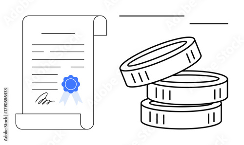 Scroll with certification mark beside stacked coins symbolizing validation, wealth, or finances. Ideal for finance, contracts, investments, certificates, agreements legal matters and trust. Simple