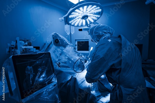 A surgeon, wearing full protective gear, performs a knee replacement using robotic-assisted technology in a sterile, blue-lit operating room at a hospital