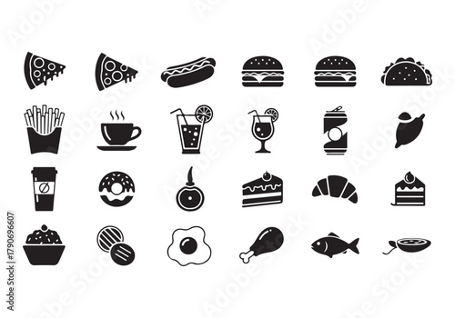 Food and drinks set icons for menu, infographics, design elements – stock vector