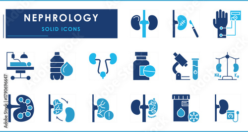 A set of flat icons related to Nephrology. Kidney, Dialysis, Kidney Stones, Transplant, Proteinuria Test, Urinalysis, Infection, Hydration, and so on.