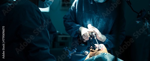 In a sterile operating room, surgeons perform a total knee arthroplasty using the robotical surgery knee system. The robotic-assisted technology aims to enhance precision and improve patient outcomes