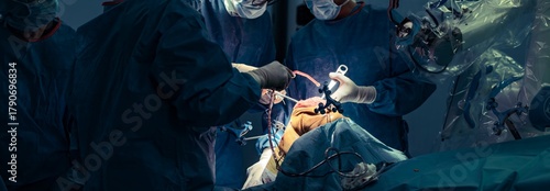 Surgeons in scrubs use robotic assistance to perform a knee replacement. Advanced technology enables personalized joint alignment. The procedure takes place in a sterile operating room
