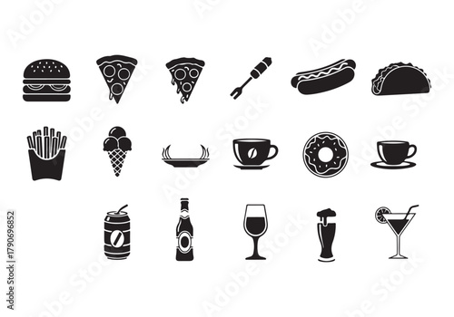 Food and drinks set icons for menu, infographics, design elements – stock vector