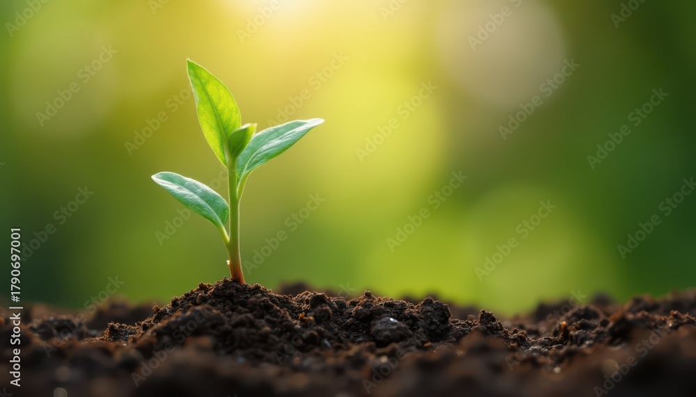 Fototapeta premium Fresh Green Seedling with Water Droplets Soil