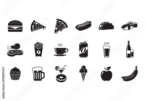 Food and drinks set icons for menu, infographics, design elements – stock vector