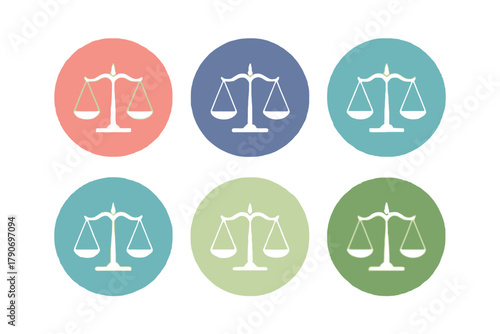 A set of six balance scale icons in various pastel colors on a white background.