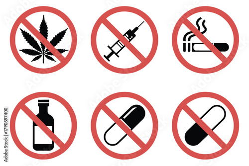 Prohibition symbols for drugs, syringes, smoking, alcohol, and pills are displayed.