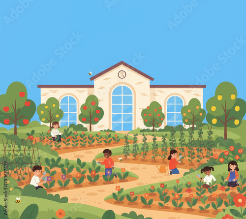 Children Cultivating a Garden at School, Learning About Nature