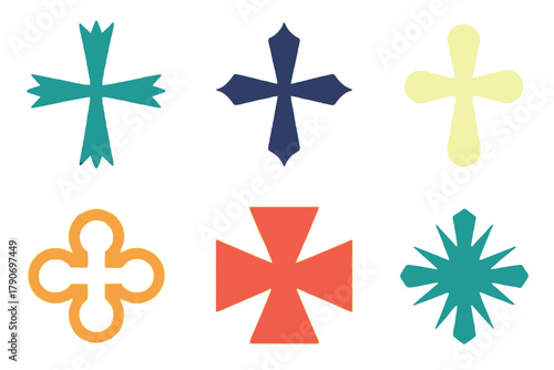 A collection of six stylized cross symbols in various colors and shapes.