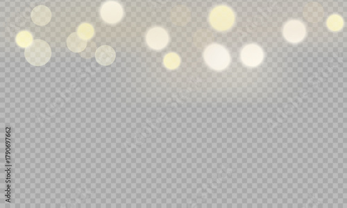 Golden dust light png.glowing bokeh confetti and sparkle overlay texture for your design. Stock royalty free vector illustration. PNG