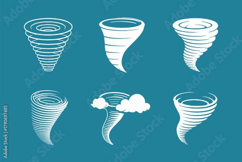 Six different stylized illustrations of tornadoes are displayed against a solid blue background.