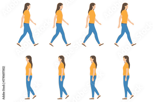 A woman's walking animation cycle is shown from the side and front