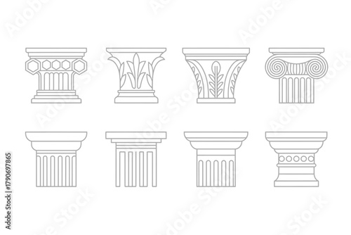 Collection of classical architectural column capitals in a line drawing style.