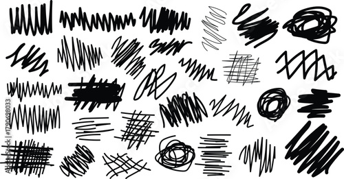 Collection of hand drawn scribble textures and abstract black ink marks