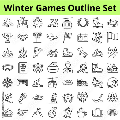 Winter games outline set with various sports and icons  