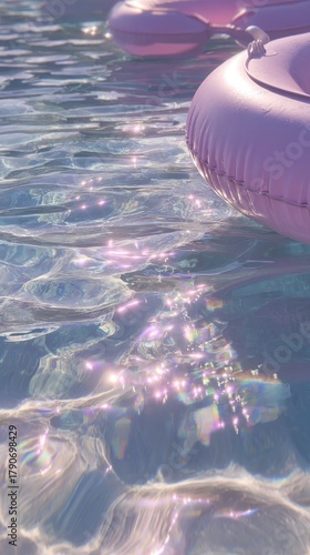 Pink inflatable floaties bobbing in shimmering pool water on sunny day summer vacation relaxation