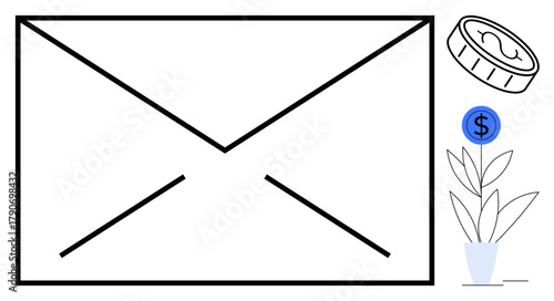Large envelope icon, coin, dollar sign, and plant conveying ideas of communication, savings, finance, growth, and investment. Ideal for business marketing banking newsletters strategy simple