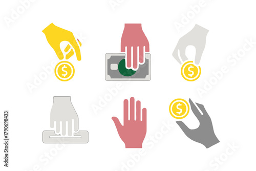 Collection of hands interacting with money and coins, illustrating financial concepts.