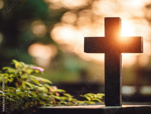 Dark cross stands against a blurred sunset background in a cemetery low angle shot symbolic religious faith