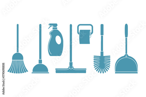 A collection of cleaning supplies and tools are neatly arranged in a row.
