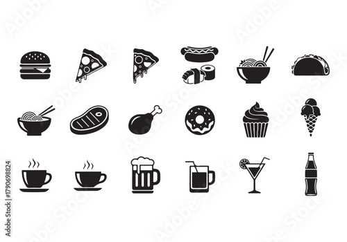 Food and drinks set icons for menu, infographics, design elements – stock vector