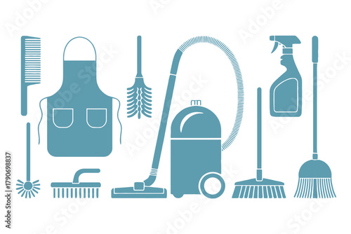 A collection of cleaning supplies and tools is neatly arranged.