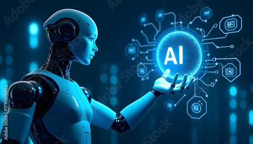 Futuristic Humanoid Robot with Glowing AI Symbol – Artificial Intelligence and Technology Concept