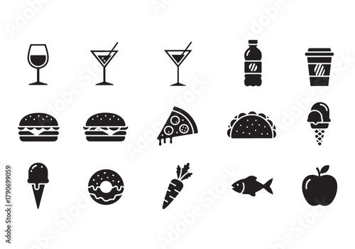 Food and drinks set icons for menu, infographics, design elements – stock vector