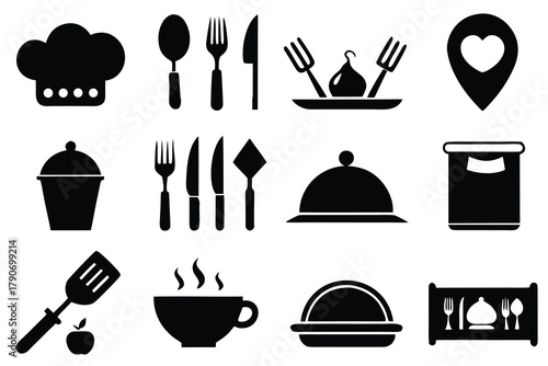 Food icons set, plate, fork, knife and spoon, set logotype menu, cutlery icon, tableware sign, catering icons, restaurant signs