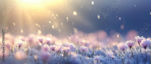 Frosty Flowers in Golden Light Close Up Macro Shot of Delicate Pink Blooms Covered in Ice Crystals on Winter Meadow